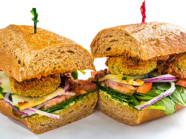 Don's Delhi sandwich with falafel and curry mayo, halved