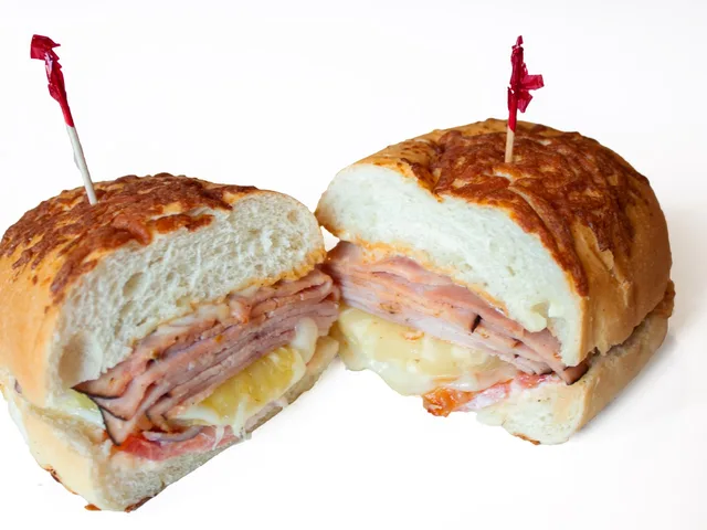 The Luau sandwich with ham, bacon and pineapple, halved