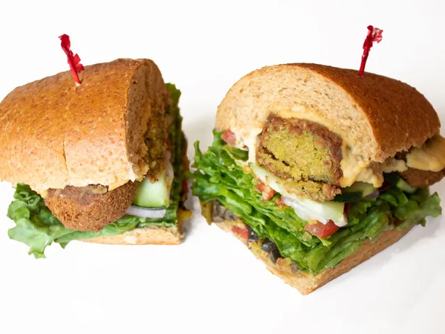The Medi sandwich with falafel and hummus, halved
