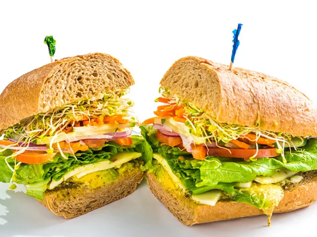 Tree Hugger sandwich with pepper jack, avocado and sprouts, halved