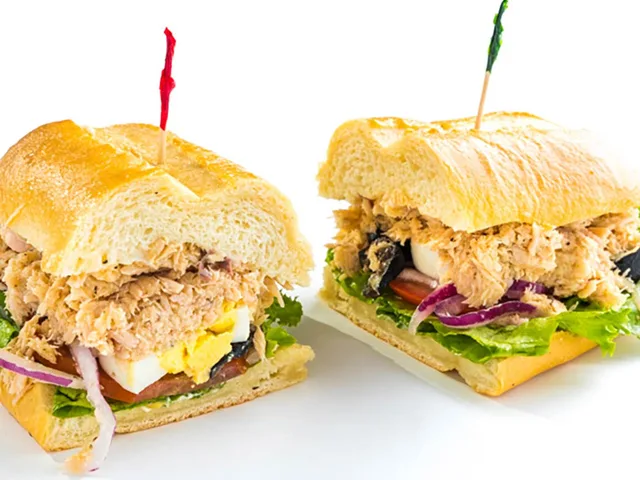 Tuna Nicoise sandwich with tuna and hardboiled egg, halved