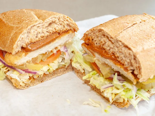 Vegan Fried Chick sandwich with fried vegan chick'n nuggets, halved
